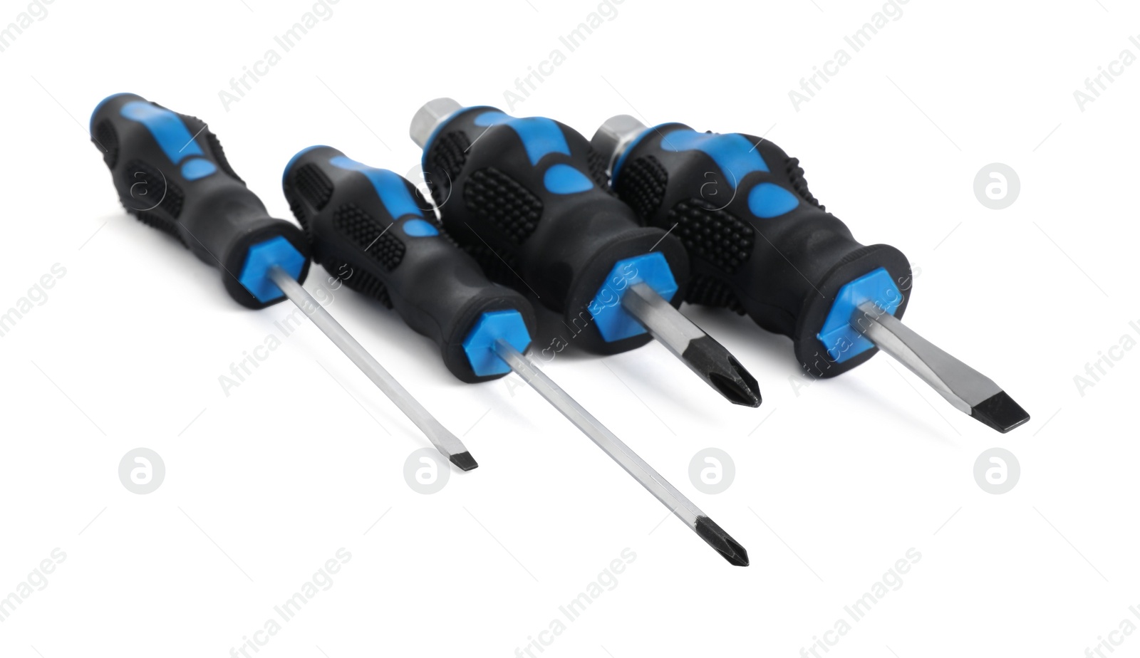 Photo of Set of screwdrivers with blue handles isolated on white