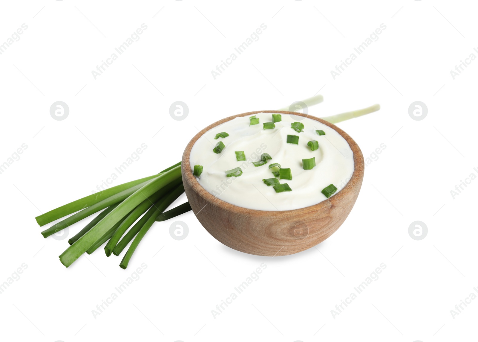 Photo of Fresh sour cream with onion on white background