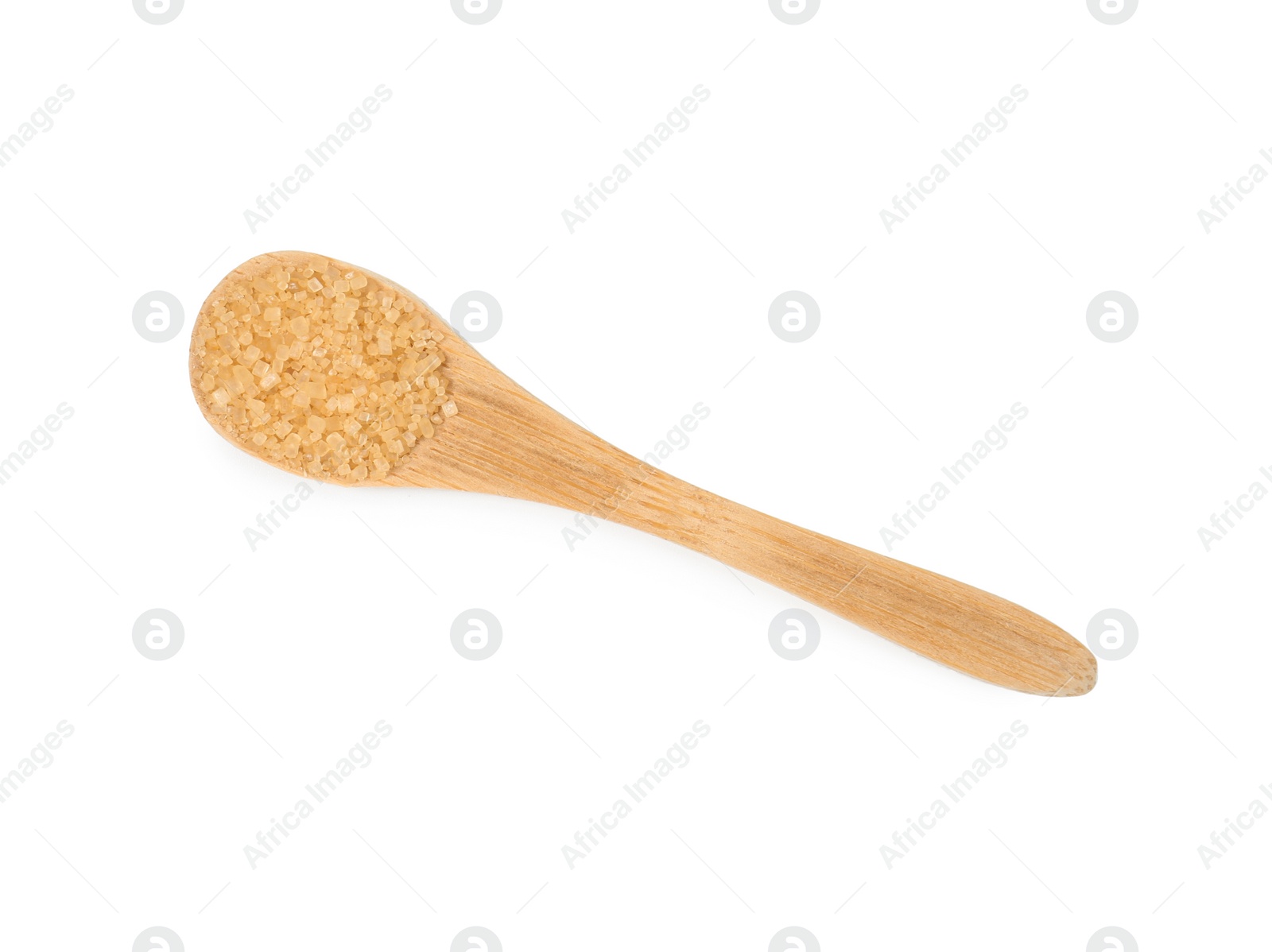 Photo of Wooden spoon with brown sugar isolated on white, top view