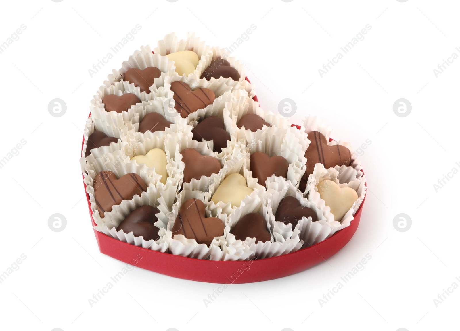 Photo of Delicious heart shaped chocolate candies in box isolated on white