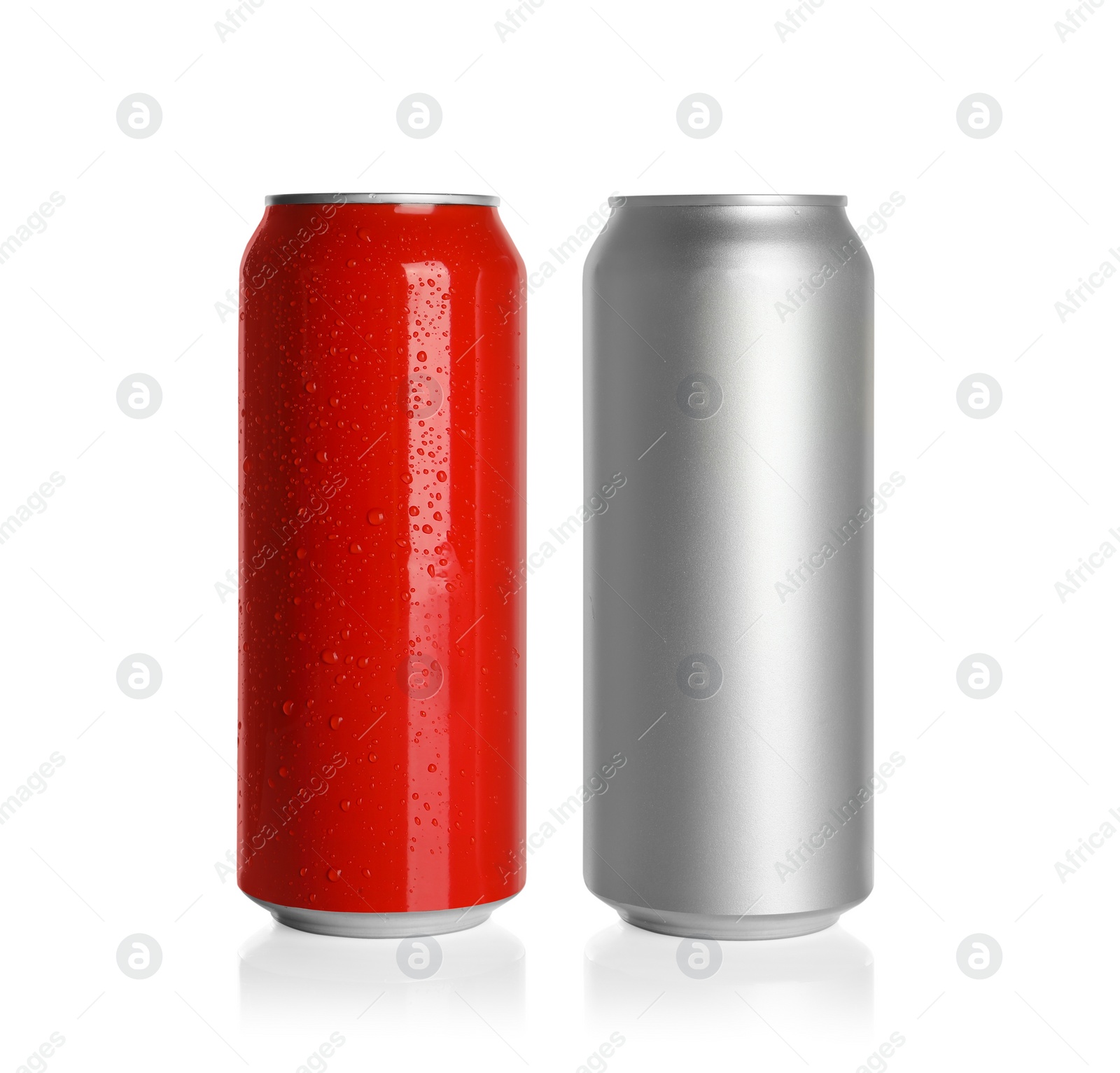 Photo of Aluminum cans with drinks on white background