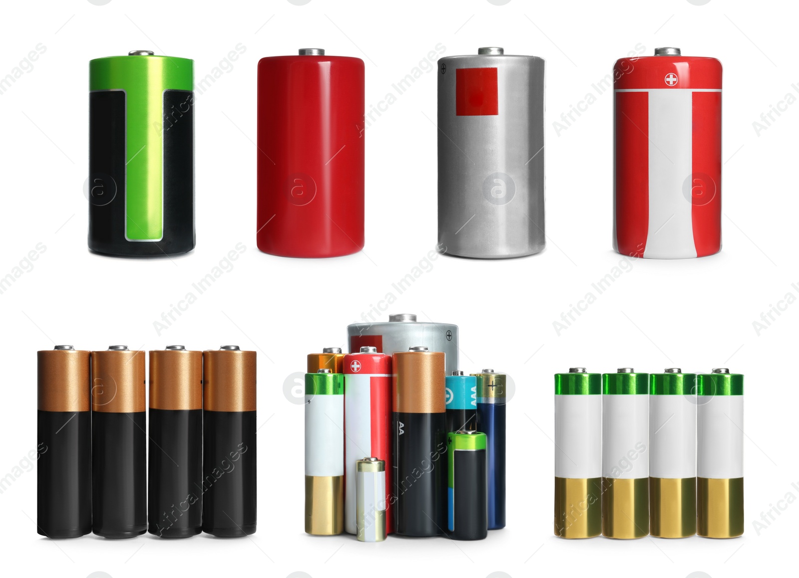 Image of Many batteries of different types on white background, collage