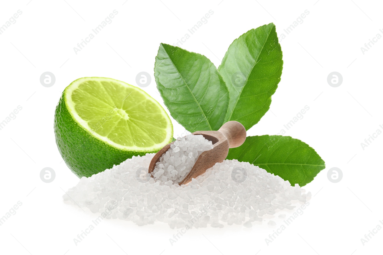 Image of Cut lime and salt isolated on white. Margarita cocktail ingredients