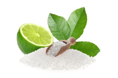 Cut lime and salt isolated on white. Margarita cocktail ingredients