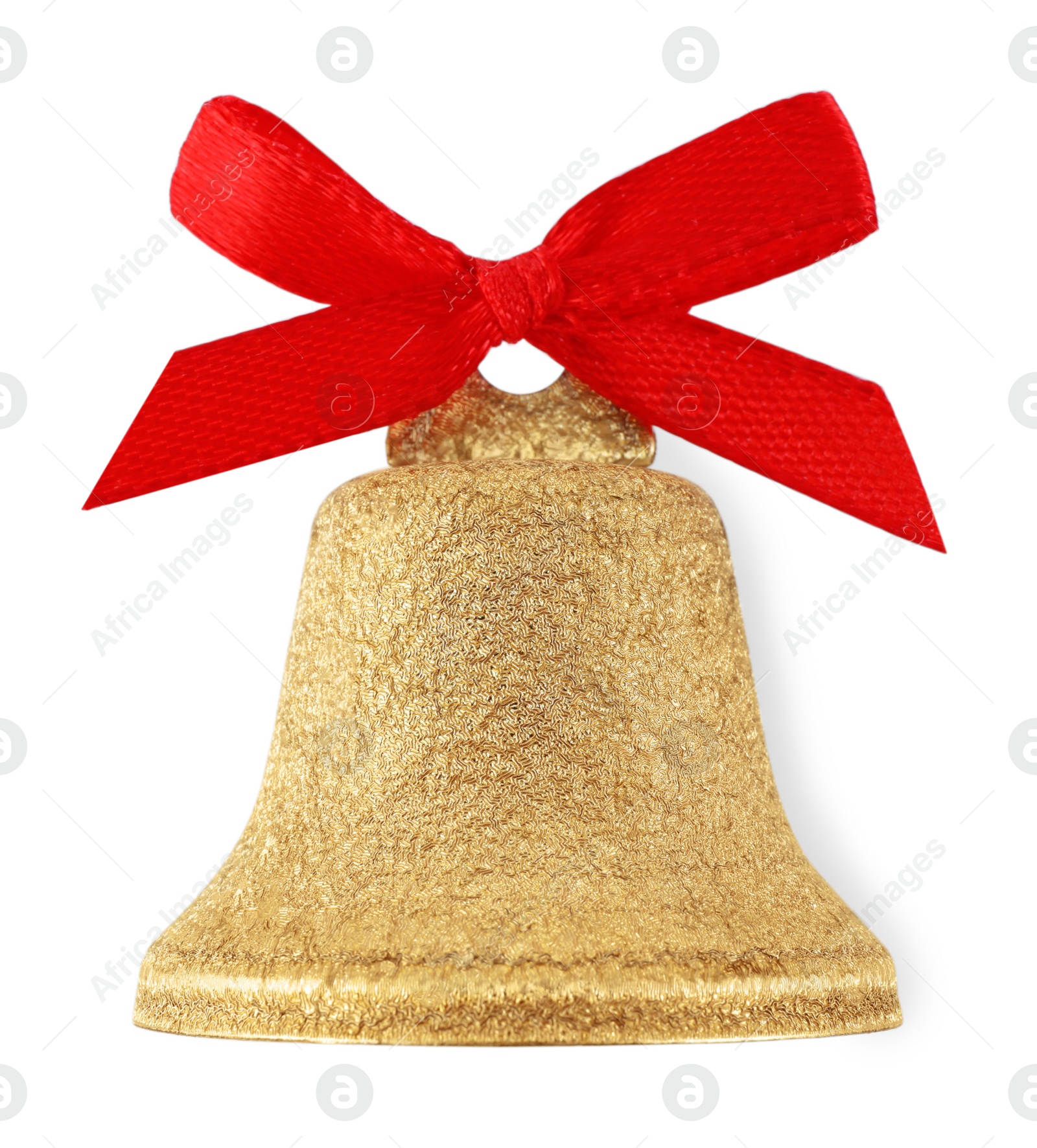 Photo of Golden shiny bell with red bow isolated on white. Christmas decoration