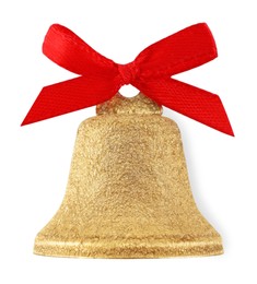 Photo of Golden shiny bell with red bow isolated on white. Christmas decoration