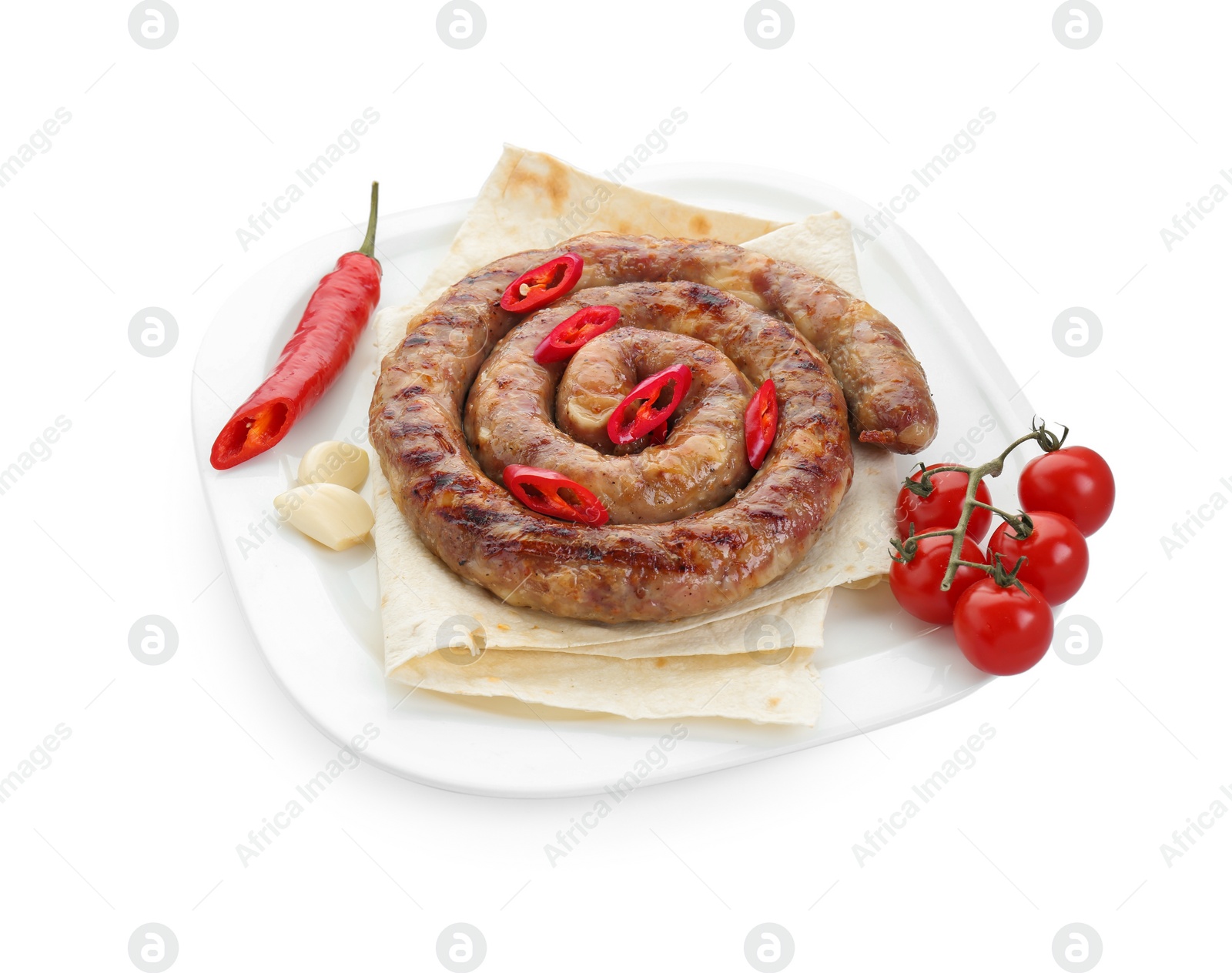 Photo of Delicious homemade sausage with chili pepper, tomatoes and lavash isolated on white