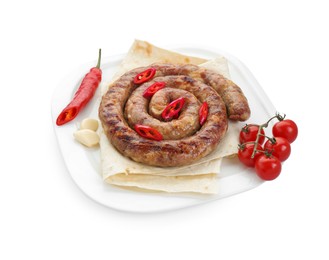 Photo of Delicious homemade sausage with chili pepper, tomatoes and lavash isolated on white