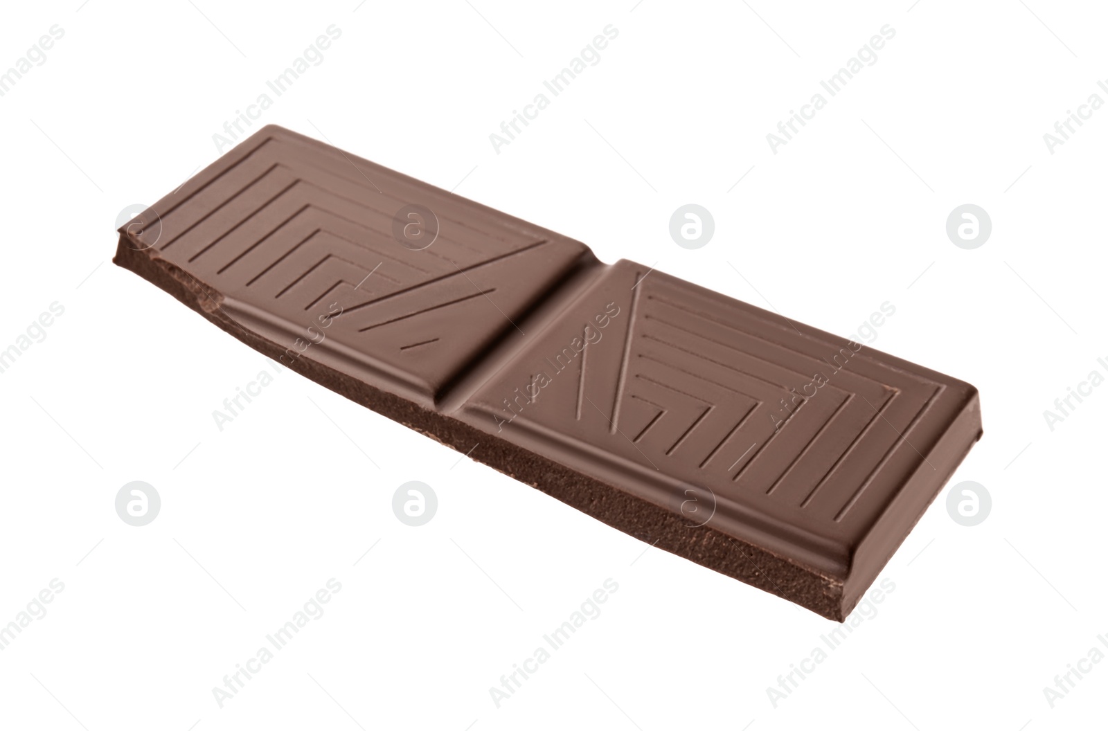 Photo of Piece of delicious dark chocolate bar isolated on white