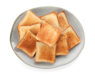 Plate with slices of delicious toasted bread on white background, top view