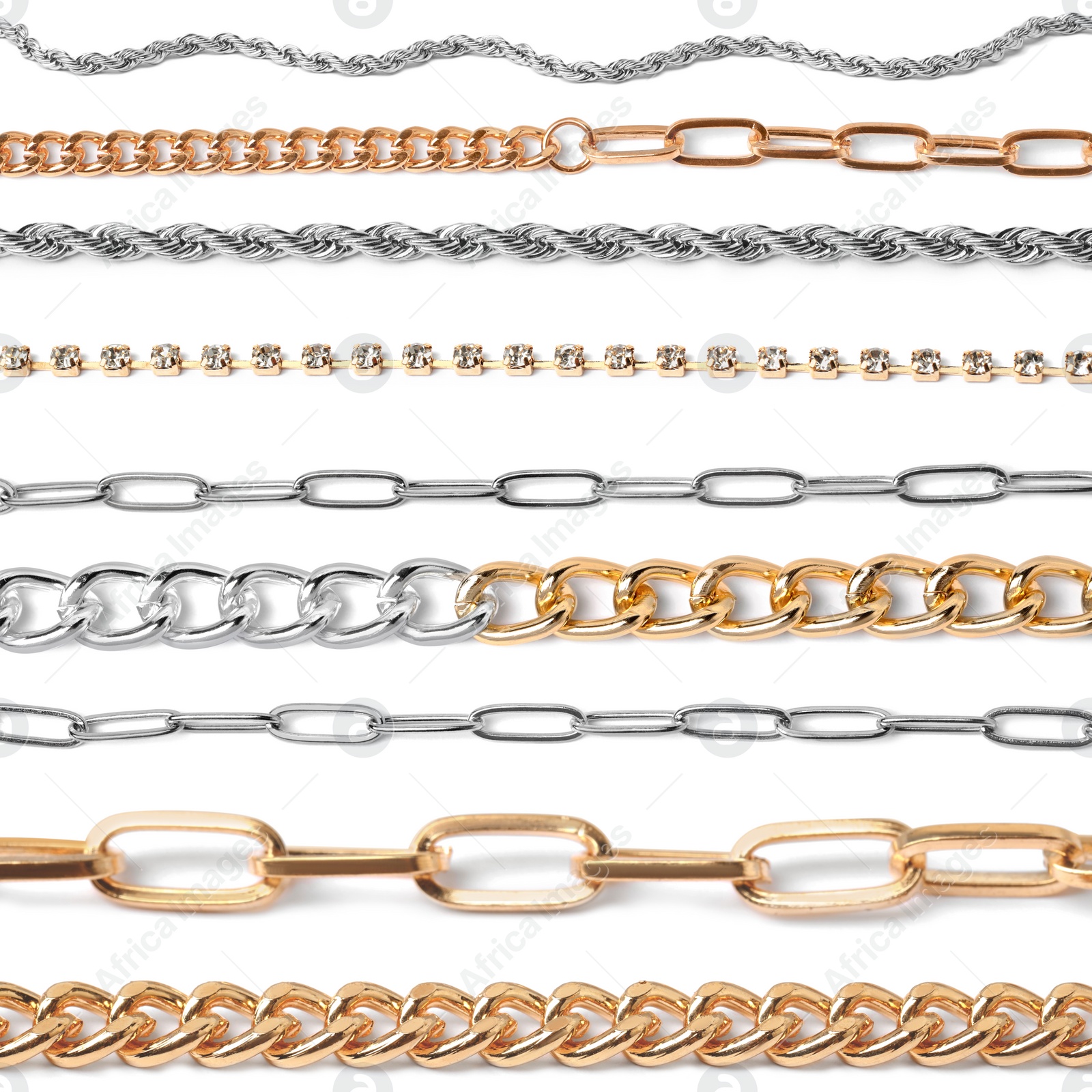 Image of Different jewellery chains isolated on white, collage design