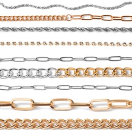 Different jewellery chains isolated on white, collage design