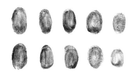 Image of Set of different fingerprints on white background, top view 