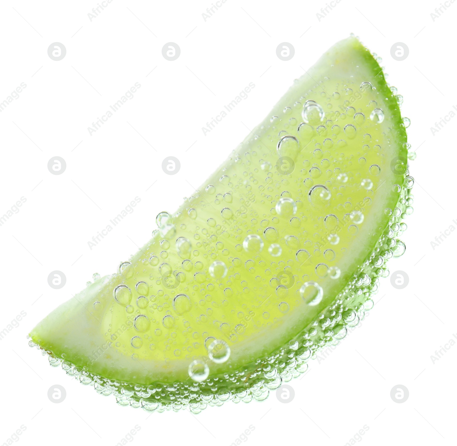 Photo of Fresh lime slice in sparkling water on white background