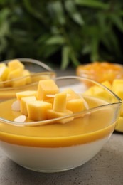 Photo of Delicious panna cotta with mango coulis and fresh fruit pieces on grey table, closeup