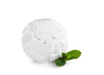 Photo of Scoop of delicious ice cream and mint on white background