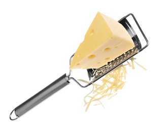 Image of Grating cheese with hand grater in air on white background