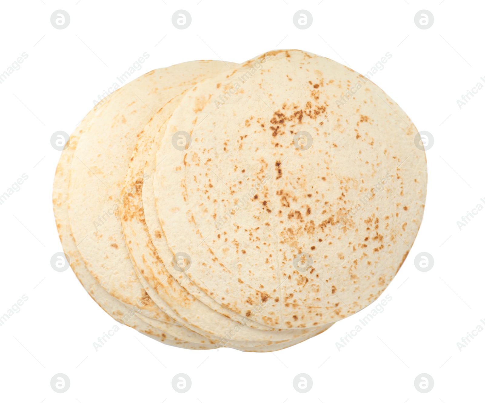 Photo of Many tasty homemade tortillas isolated on white, top view