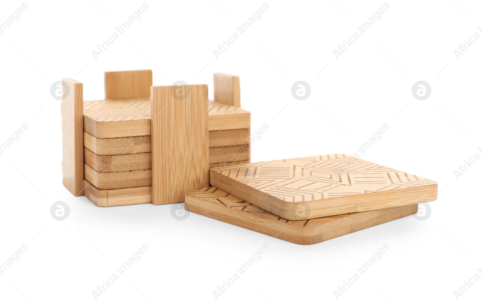 Photo of Set of stylish wooden cup coasters on white background