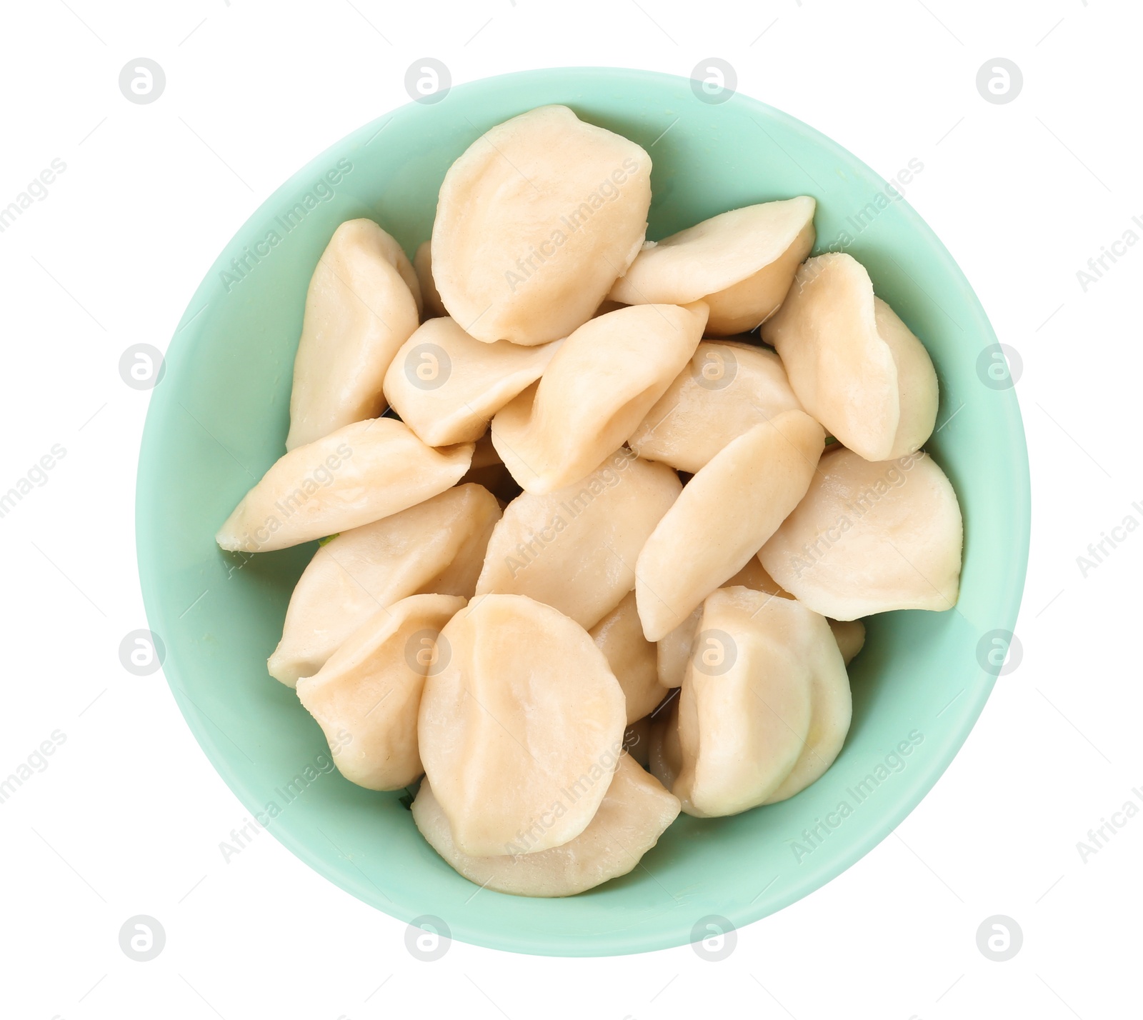 Photo of Delicious cooked dumplings in bowl on white background, top view