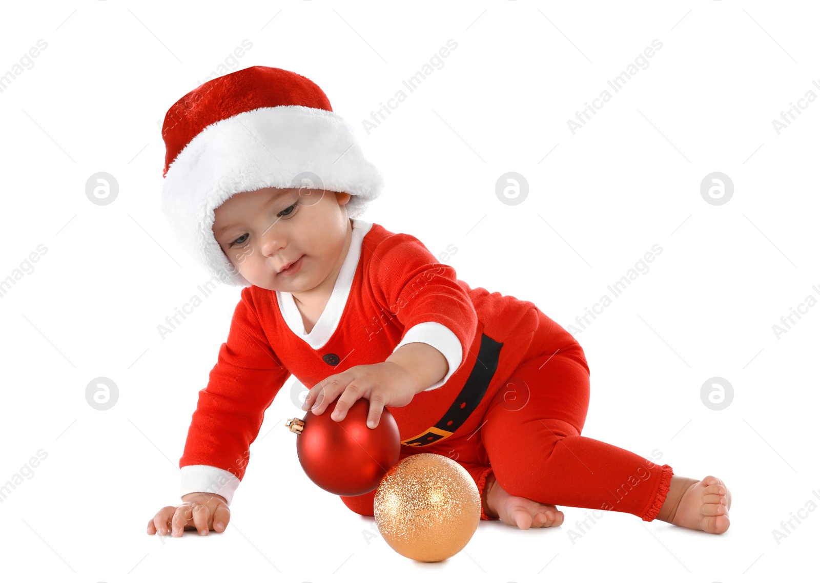 Photo of Cute little baby wearing festive Christmas costume on white background