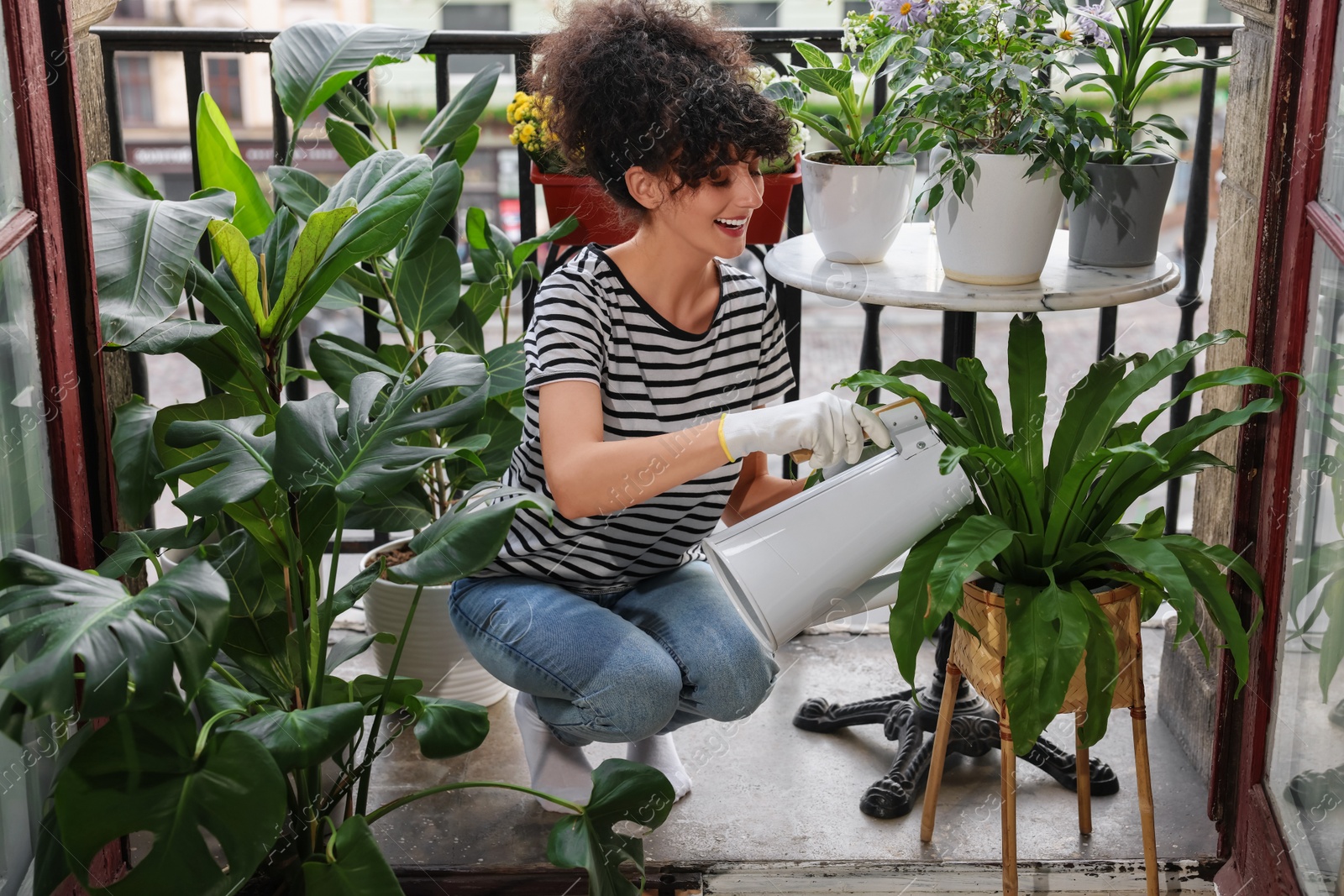 Photo of Happy young woman watering green potted houseplants on balcony