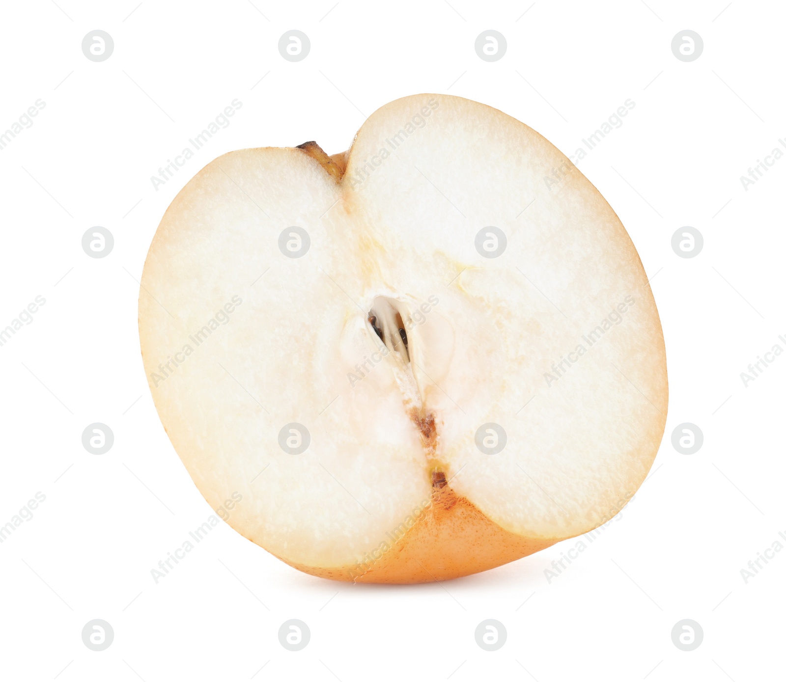 Photo of Cut fresh apple pear on white background