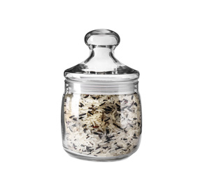 Photo of Mix of brown and polished rice in jar isolated on white