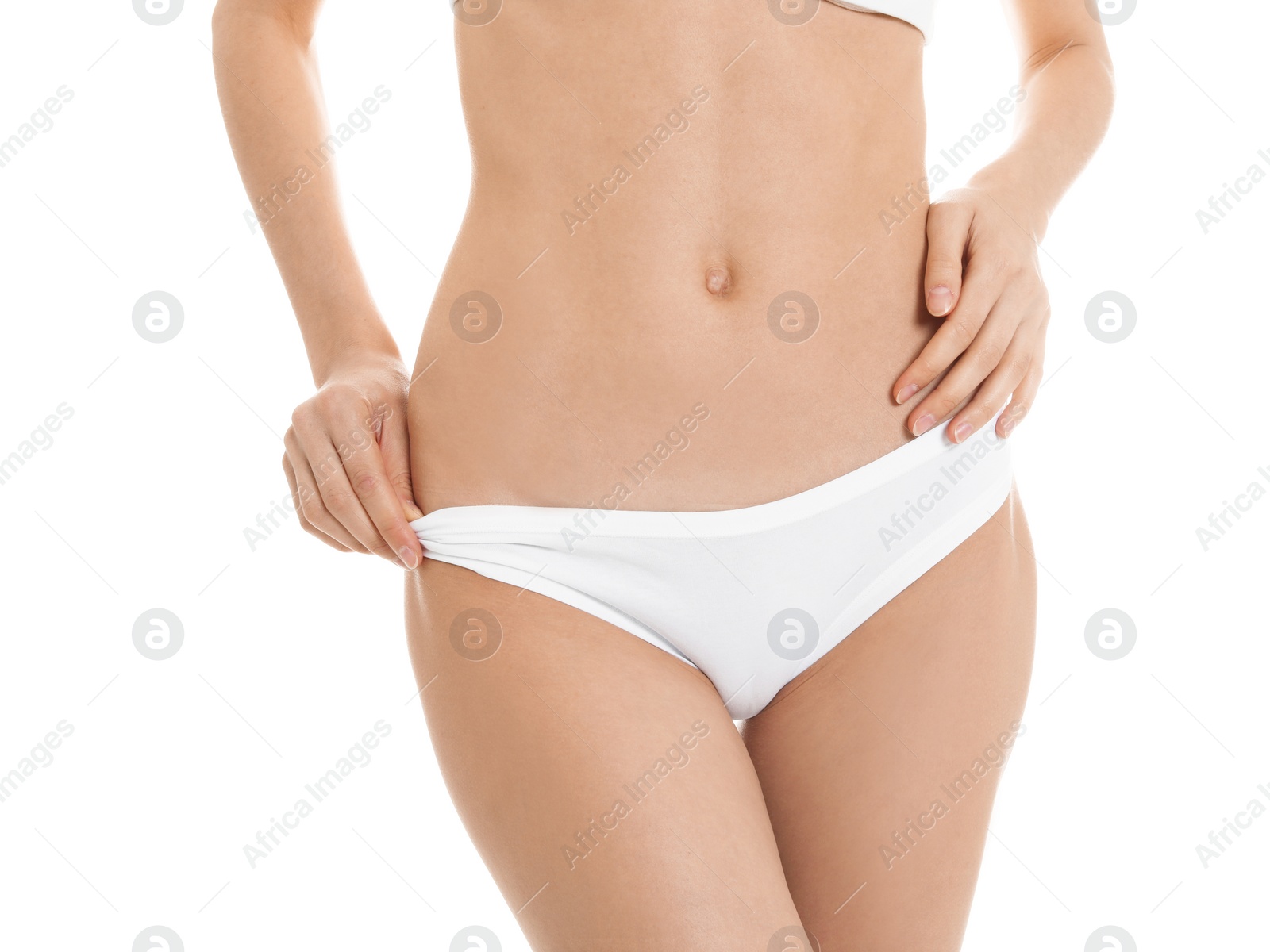 Photo of Young woman showing smooth silky skin after epilation on white background