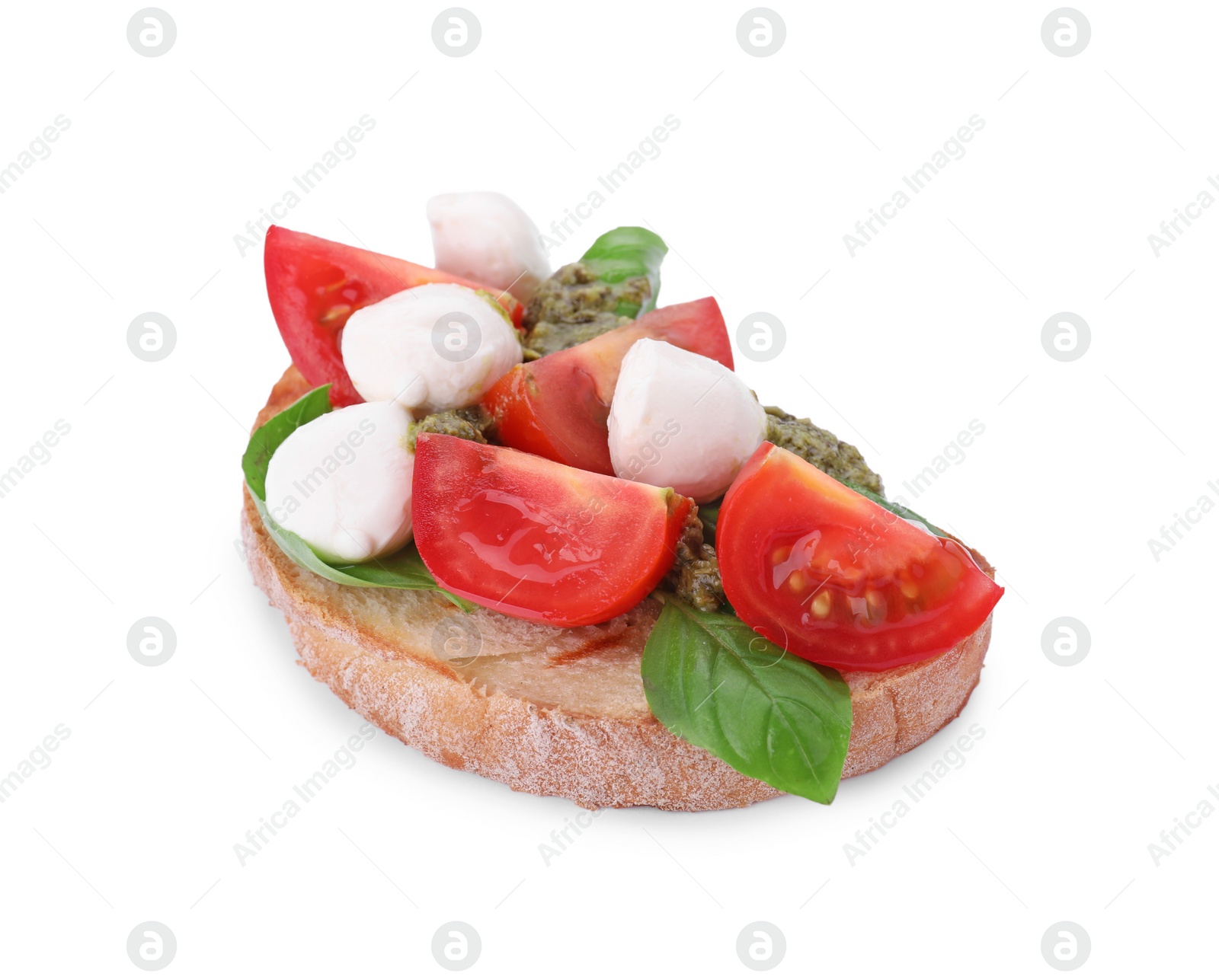 Photo of Delicious Caprese sandwich with mozzarella, tomatoes, basil and pesto sauce isolated on white