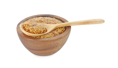 Photo of Fresh whole grain mustard in bowl and spoon isolated on white
