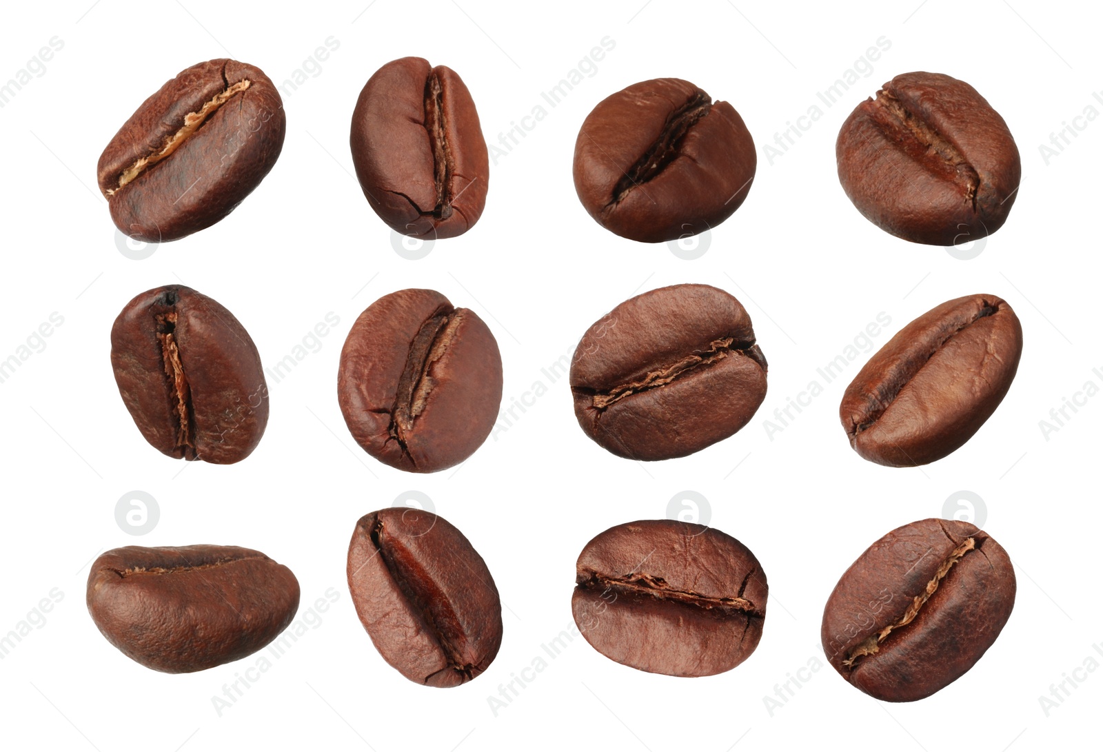 Image of Set with aromatic roasted coffee beans on white background