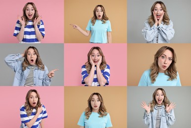 Collage with photos of surprised woman on different color backgrounds