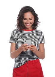 Happy young woman using smartphone on white background