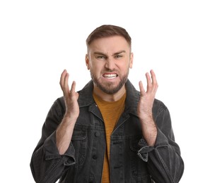 Photo of Portrait of emotional young man on white background. Personality concept