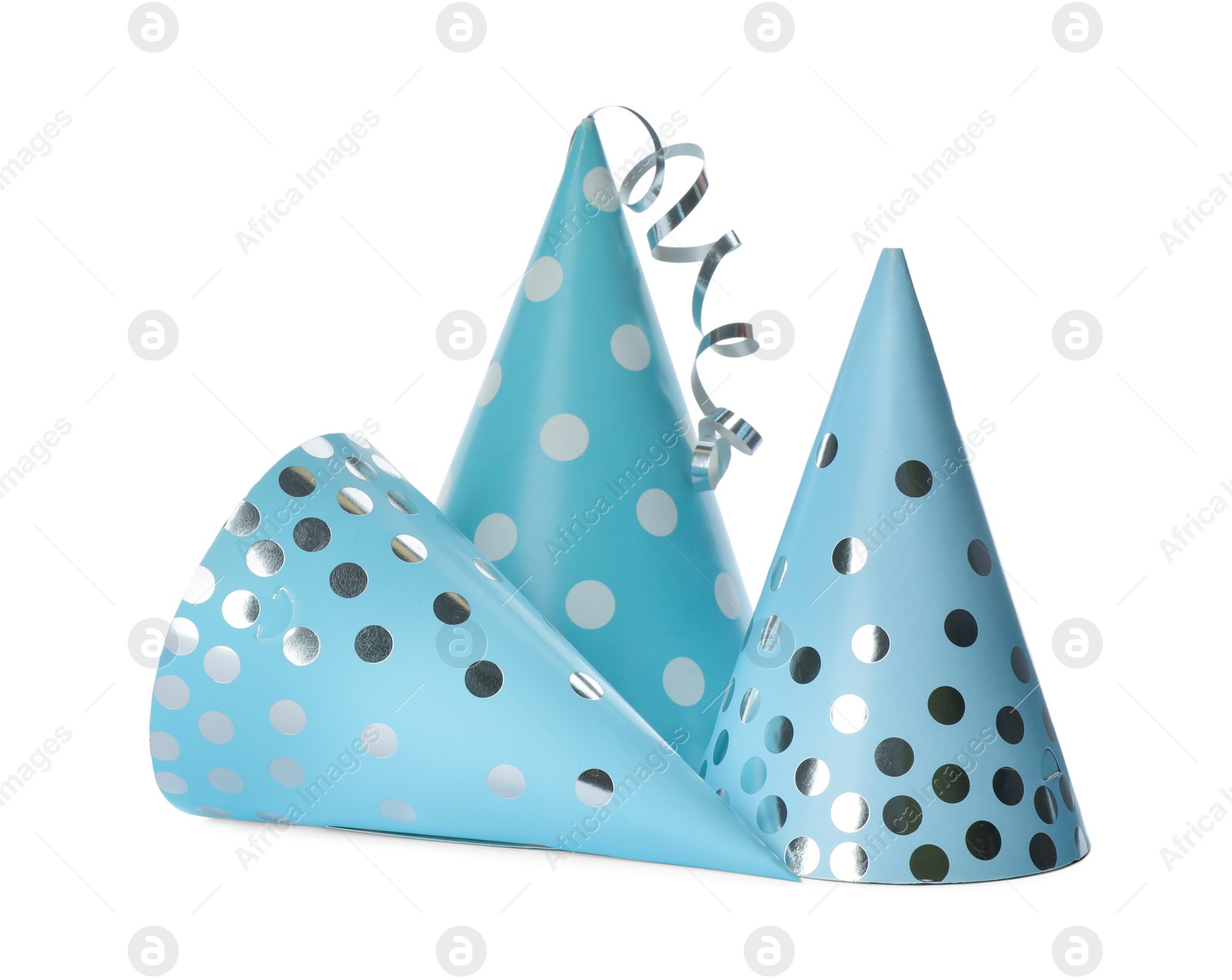 Photo of Colorful party hats on white background. Festive items