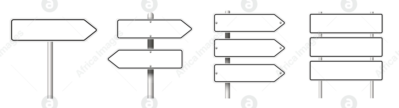 Image of Different blank road signs on white background, collage design