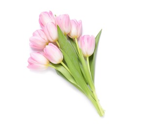 Photo of Beautiful pink spring tulips on white background, top view