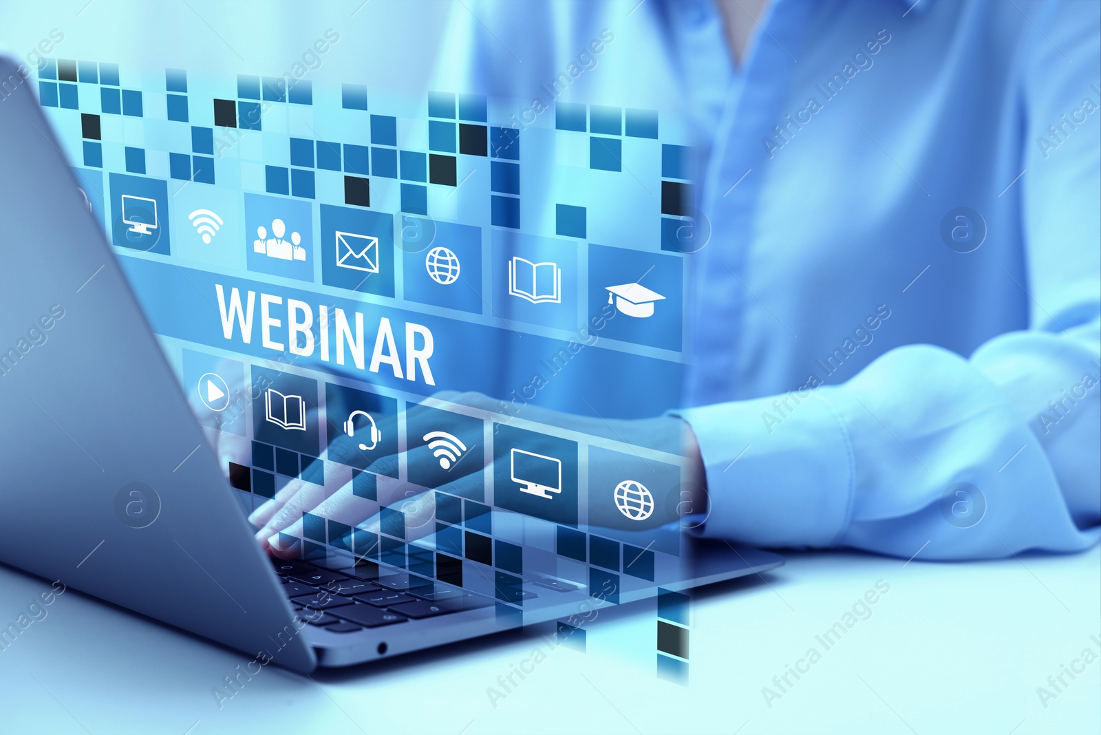 Image of Webinar. Woman using laptop at table, closeup. Virtual screen with icons over computer