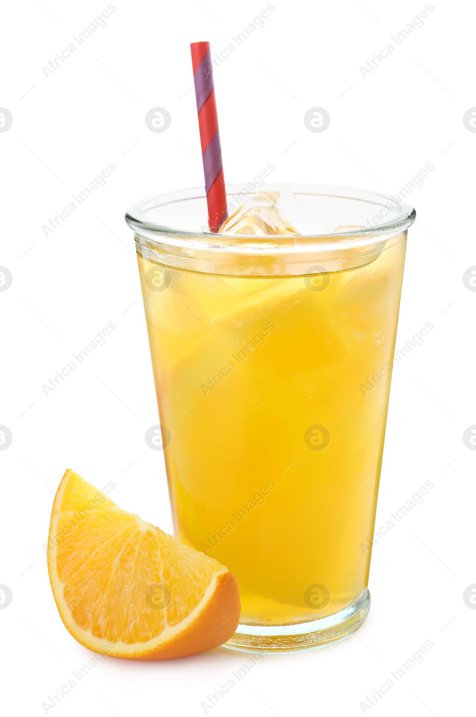 Photo of Delicious orange soda water and fresh fruit on white background