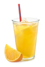 Photo of Delicious orange soda water and fresh fruit on white background