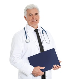 Photo of Portrait of male doctor with clipboard isolated on white. Medical staff