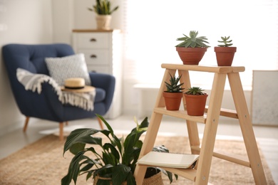 Photo of Stylish living room interior with wooden ladder and houseplants. Space for text