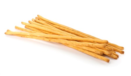 Fresh delicious grissini sticks on white background