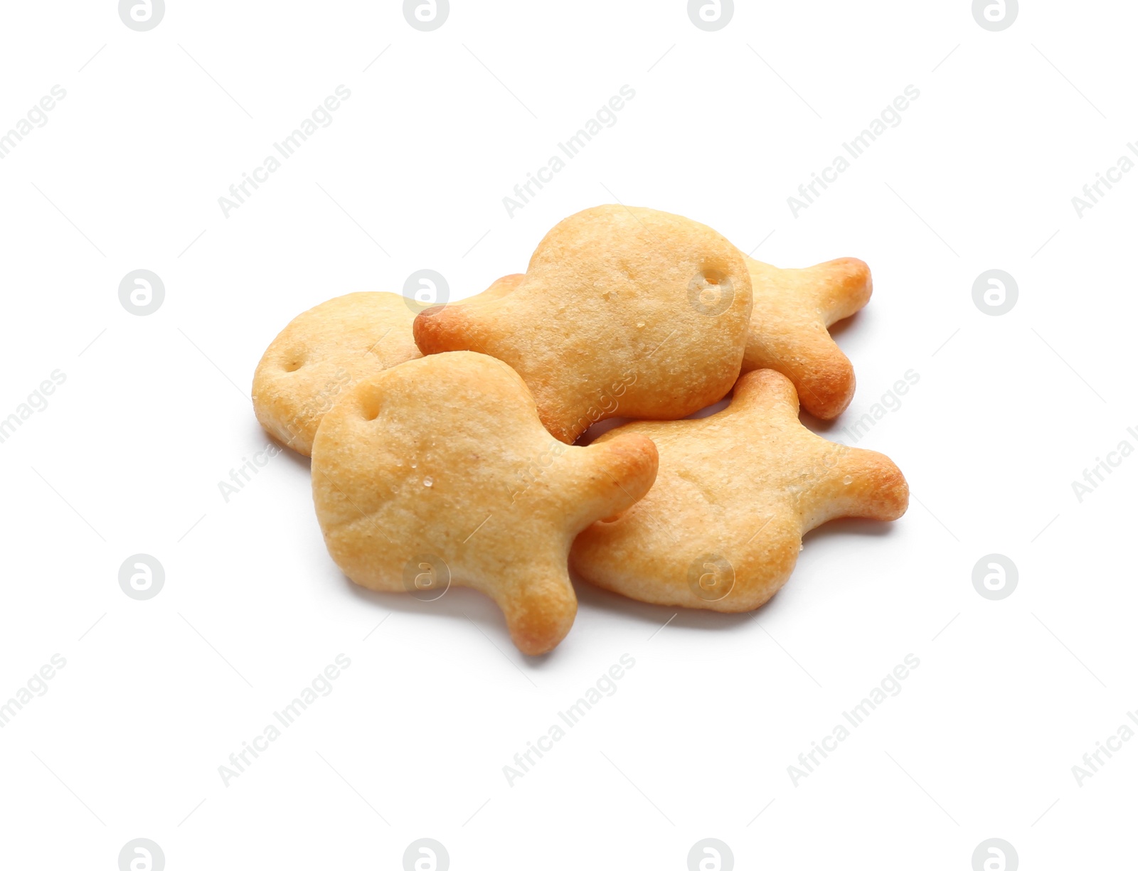 Photo of Delicious crispy goldfish crackers on white background