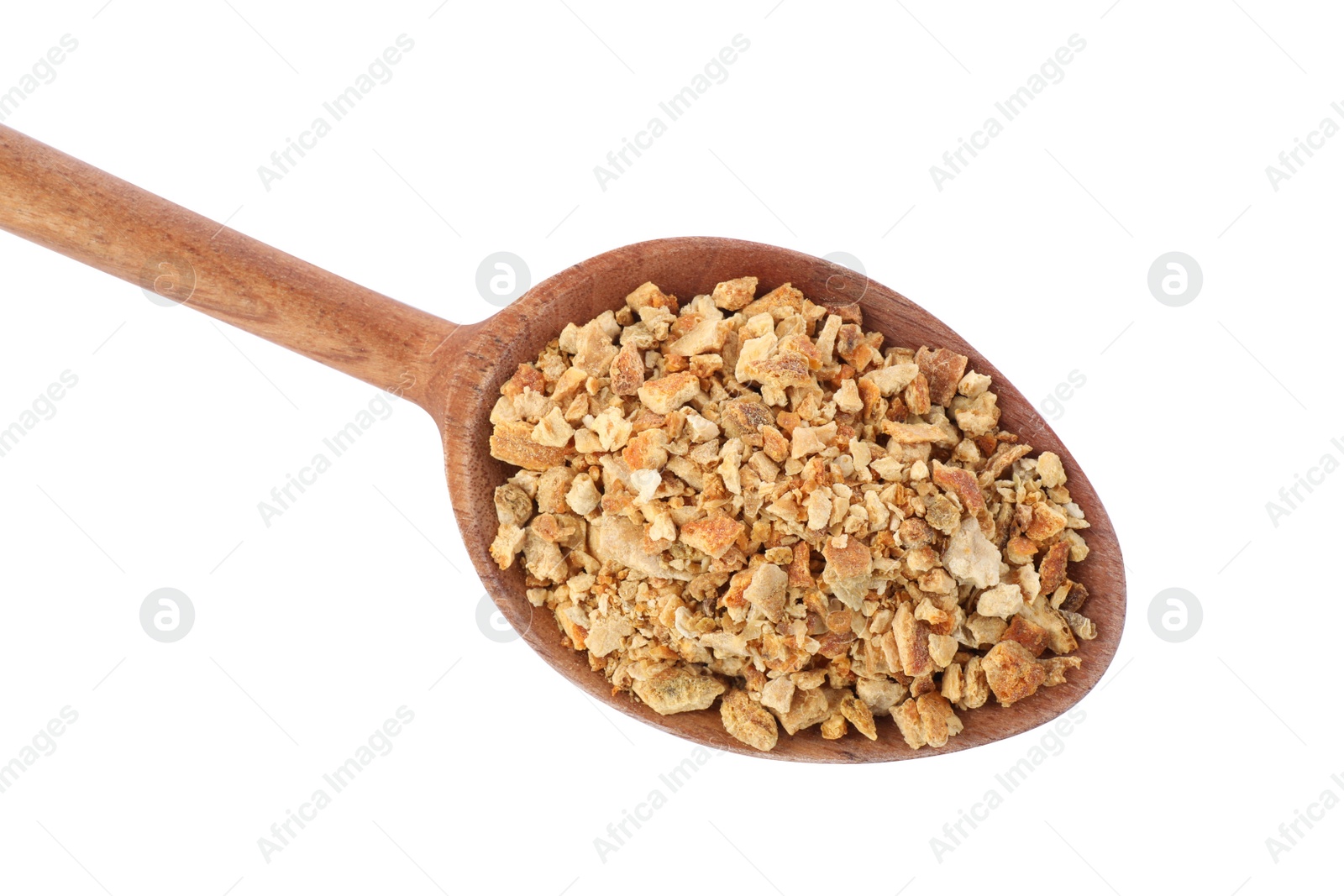 Photo of Spoon with dried orange zest seasoning isolated on white, top view