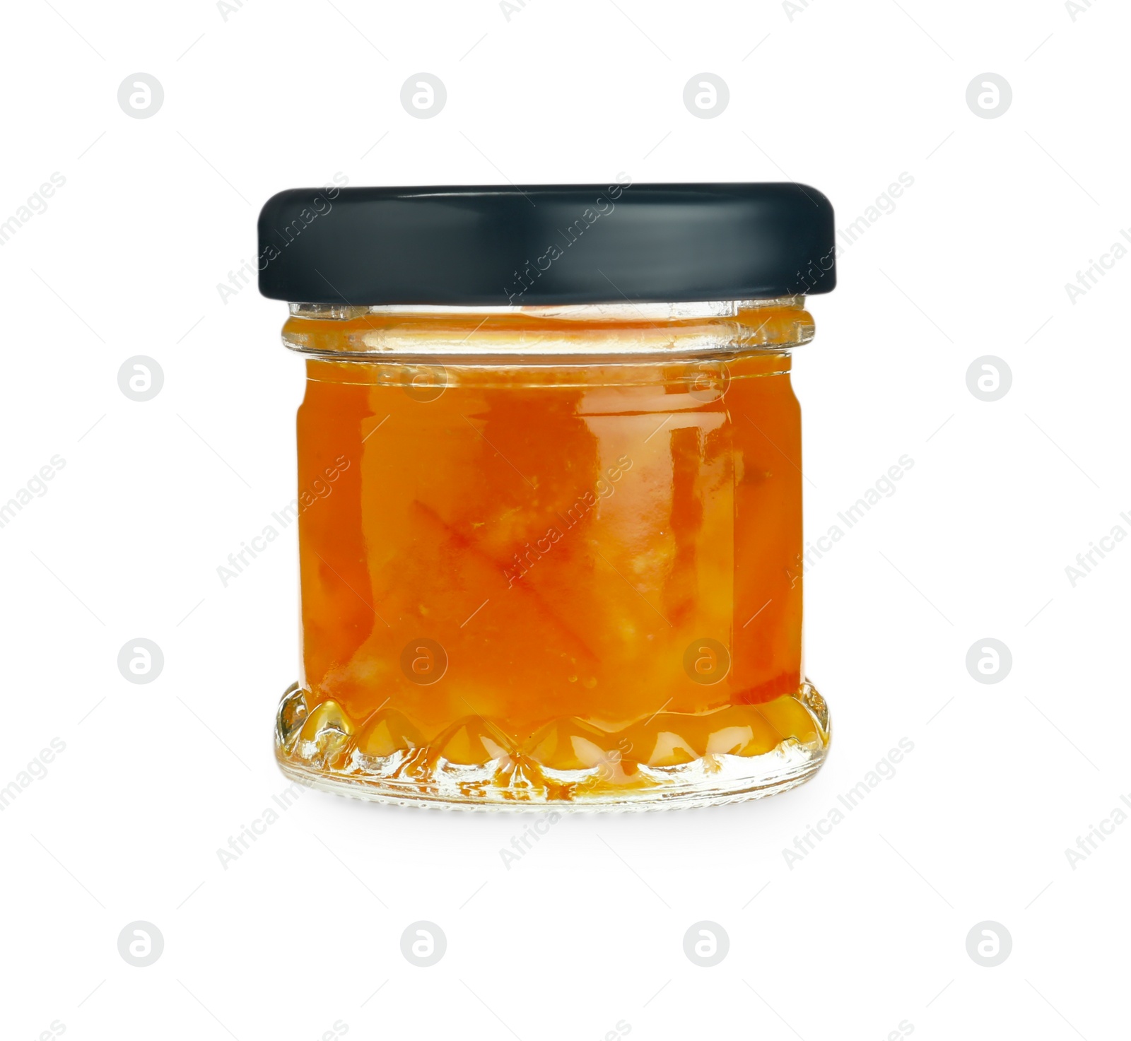 Photo of Glass jar with sweet jam isolated on white