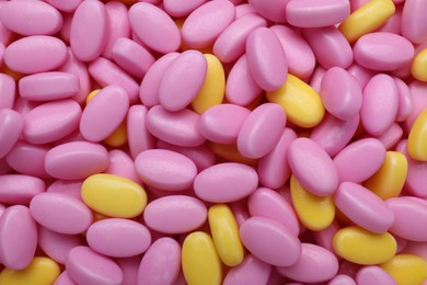 Many bright dragee candies as background, closeup