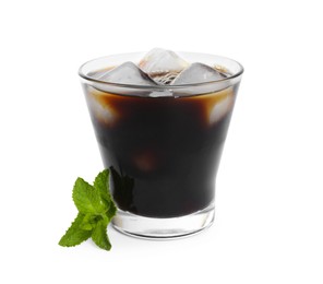 Photo of Refreshing iced coffee in glass and mint leaves isolated on white