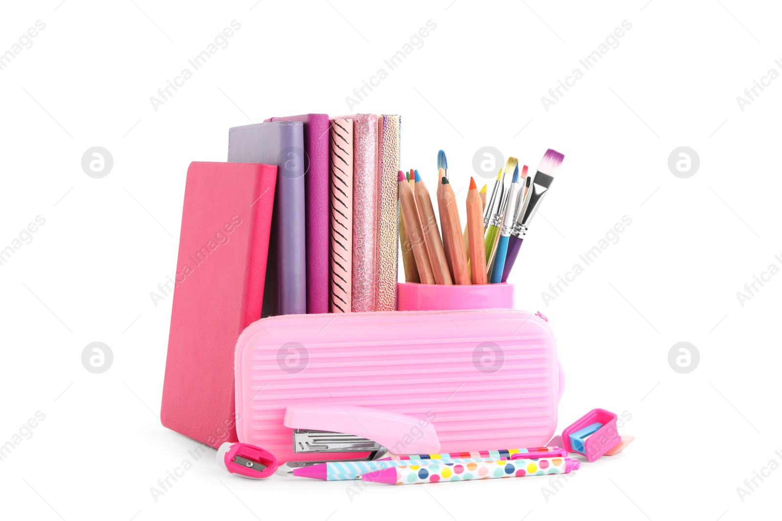 Photo of Set of colorful school stationery on white background